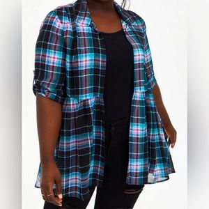 Torrid Plaid Black Teal Purple Chiffon Shirt Kimono Babydoll Sheer